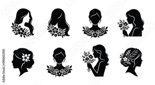 Elegant woman silhouette collection with floral elements, 8 feminine profile icons with flowers, black botanical lady portraits for logo design