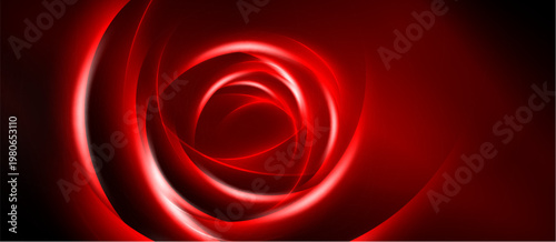 Abstract red swirl, dynamic lines create circular motion. Dark background emphasizes bright central glow, modern design element.