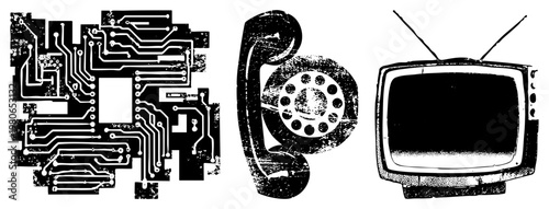 Distressed vector retro tech circuit board, rotary phone, vintage TV. Halftone texture. Nostalgic analog relics, obsolete electronics.