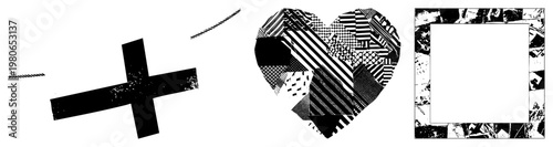 Black and white graphic design featuring a, heart, and frame with halftone, vector art, isolated elements, modern minimalism.