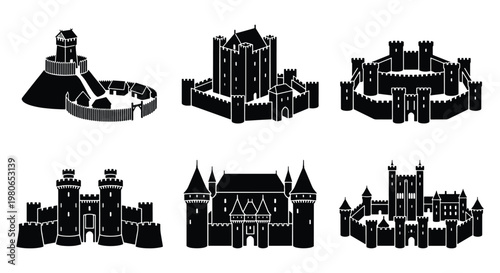 Medieval castle silhouettes set, 6 black fortress icons with towers and stone walls, ancient kingdom architecture vector collection for history maps