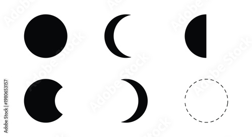 Minimalist moon phases icon set, black lunar cycle vector silhouettes, celestial astronomy symbols for calendar and interface design