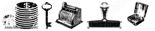Classic financial symbols coin pile, antique key, mechanical cash register, rubber stamp, open box. vector for finance, security, systems, and commerce.