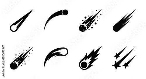 Black comet icons set, falling meteor and asteroid silhouettes, 8 celestial space elements, shooting star vector graphics for astronomy design