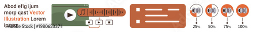 User interface design, media control, audio management, digital progress tracking, usability concepts, interactive visuals. Media player with play button and volume icons. User interface and media