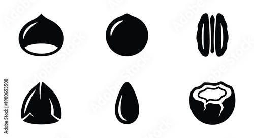 Minimalist nut icon set, black silhouette nut and seed collection, 6 vector elements including chestnut, macadamia, pecan, brazil nut, almond, and coconut