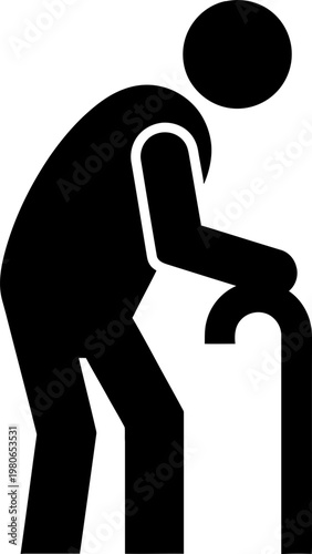 Elderly Person Silhouette Icon with Walking Stick for Senior Care and Retirement Concepts