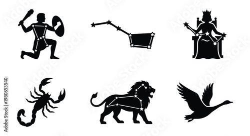Celestial constellation icon set, black zodiac star map silhouettes, 6 vector elements including Orion, Big Dipper, Cassiopeia, Scorpio, Leo, and Cygnus