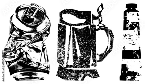 Crushed aluminum can, frothy beer mug, glass bottle with label, black and white vector art, distressed texture, beverage containers, retro graphic design.