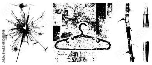 Abstract vector sparkler explosion, clothes hanger, branch, fountain pen., high contrast, gritty texture, graphic design elements.
