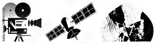 Retro film projector, space satellite, stylized radio tower, halftone graphic, vector, tech symbols, isolated elements.