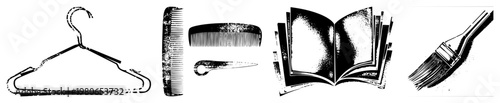 Classic clothing hanger, hairbrush and comb, open book with pages, artist paintbrush vector with halftone texture, design, artistic tools and accessories.