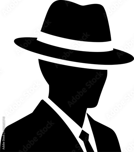 Minimalist Noir Detective Silhouette Wearing a Classic Fedora Hat and Suit