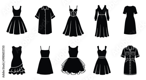 Black dress silhouette icons set, collection of 10 female fashion garment vectors, elegant evening gowns and casual summer dresses for women apparel