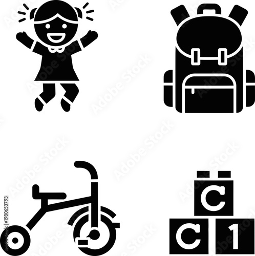 Childhood and School Education Vector Icon Set Featuring Backpack, Tricycle, and Playing Child
