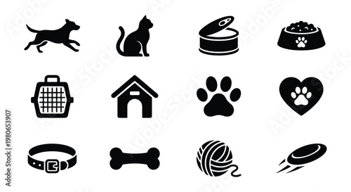 Pet care icons set, black silhouette domestic animal symbols, 12 vector elements for veterinary clinic and pet shop branding