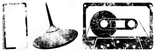 Retro music symbols including cassette tape, stylized turntable, and record player, vector design, nostalgic equipment, analog sound nostalgia.