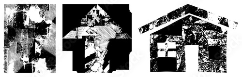 Stylized house rendered in halftone, abstract architecture, graphic design elements, vector art, urban sketch style.