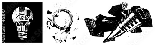 symbols for innovation, focus, and writing, rendered in halftone style, ideal for or design concepts. Think idea generator, creative tool, inspiration prompt.