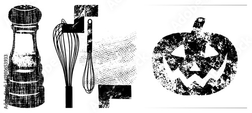 Grungy Halloween pumpkin with carved eyes and mouth, alongside salt and pepper shakers, whisks, and spatulas, stylized in halftone texture.