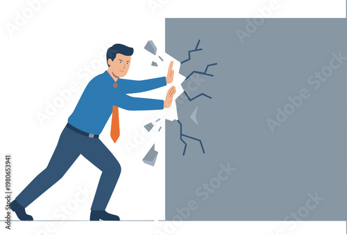 Man pushing through wall with cracks and breaking point