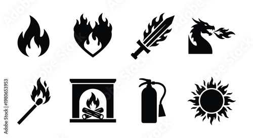 Fire and flame icon set, black silhouette burning symbols, 8 vector elements featuring dragon, fireplace, match, and sun icons for web design