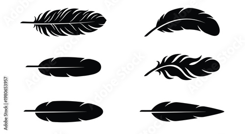 Black feather silhouettes set, collection of 6 bird feather vector icons, elegant quill and plumage graphic elements for logo design and decoration