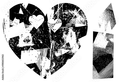 Black and white stylized heart with fragmented textures, halftone shading, geometric shapes, and glitch art effects, ideal for modern design or tattoo art.