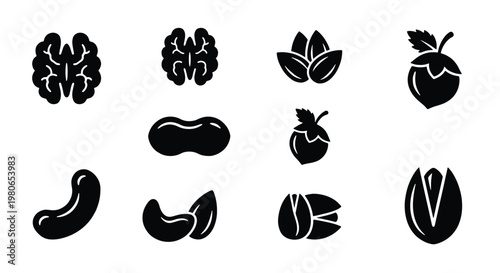 Minimalist nut icons set, black silhouette nut and seed collection, 11 vector elements including walnut peanut almond and pistachio for food packaging