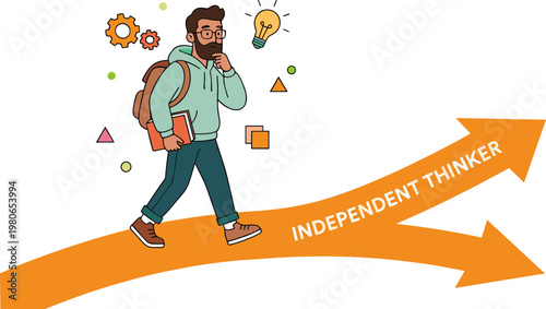 A young man walks on an arrow thinking independently with floating symbols.