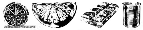 Black and white vector of sliced citrus, pizza, chocolate bar, and soup can, stylized with halftone texture and isolated foregrounds.
