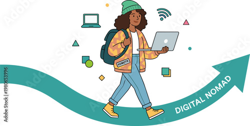 A woman walks forward as a digital nomad with a laptop and backpack