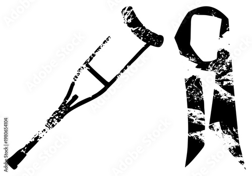 Black and white graphic of crutch and ribbon, medical support and awareness symbol, distressed texture, advocacy, silhouette art.