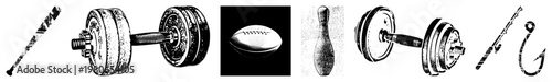 Athletic equipment collection including baseball bat, weightlifting dumbbell, American football, bowling pin, barbell, fishing rod, and fishing hook, all in vector style.