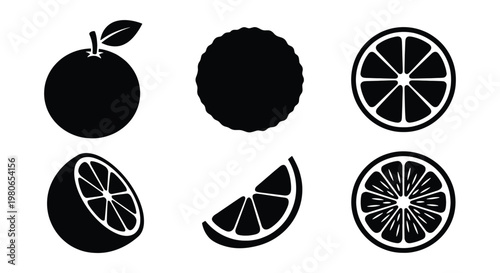 Minimalist orange fruit icons, black citrus silhouettes set of 6 vector elements, fresh orange slices and whole fruit symbols for food packaging