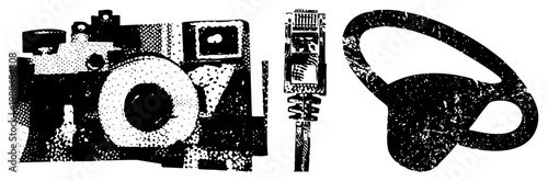 Retro camera with film spool, Ethernet jack connector, coffee mug with handle, all rendered in halftone dot, vector illustration, isolated elements.