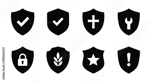 Black shield icon set with security symbols, 8 flat vector protection badges, safety and insurance guarantee labels for web design