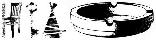 Classic wooden chair with slats, vintage key with ornate bow, torn striped tie, ceramic ashtray with speckled texture stylized black and white vector illustrations.