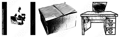 Fragmented paper debris, open book with pages, wooden desk with laptop, study setup, office workspace, illustration.