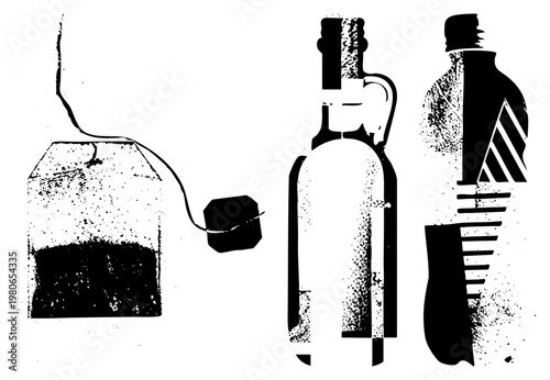 Stylized tea bag with string, olive oil bottle with pour spout, beverage bottle with striped label, halftone texture, graphic, isolated objects.