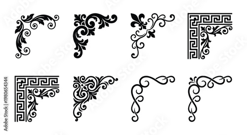 Fotografía Vintage decorative corner borders set, 8 black floral filigree vector elements,