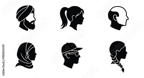Diverse people profile icons set, 6 black silhouette head avatars, multicultural human faces in side view, inclusive user character vector illustrations