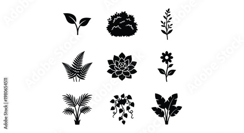 Minimalist black plant icons set, botanical leaf and flower vector collection, 9 organic garden silhouettes for landscape design and web UI