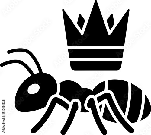 Minimalist Queen Ant Icon with Royal Crown - Conceptual Black Silhouette Logo of Insect Royalty and Leadership Strength