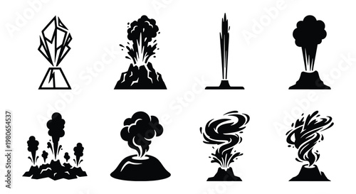 Volcano eruption icon set, black silhouette volcanic mountain symbols with smoke and ash, 8 vector elements for geology and nature design