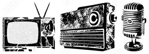 Classic broadcast equipment including TV with antenna, vintage radio with speaker grille, and ribbed microphone, rendered in gritty halftone vector art for retro themes.