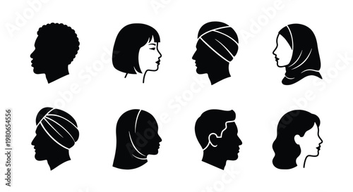 Diverse people profile silhouettes, multicultural human head icons set of 8 vectors, inclusive community avatar collection for social media
