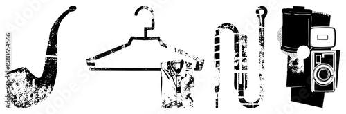 Retro smoking pipe, clothing hanger with shirt, vintage trumpet, classic film camera stylized for design, each with textured grain and bold.