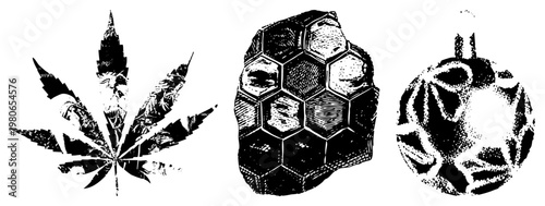 Stylized leaf, hexagonal honeycomb structure, abstract spherical form, black and white vector art, isolated graphic elements, glyph style illustrations.