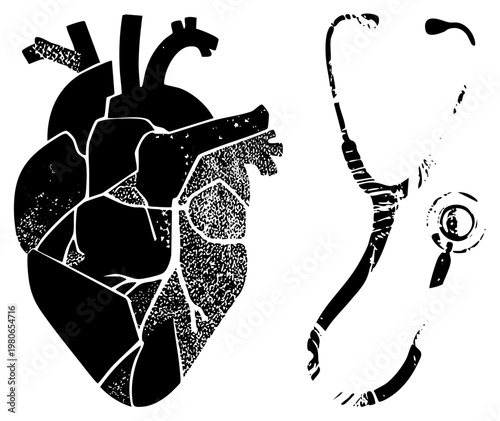 Anatomical heart illustration paired with stethoscope, medical symbols, black and white graphic, healthcare set, vector medical.